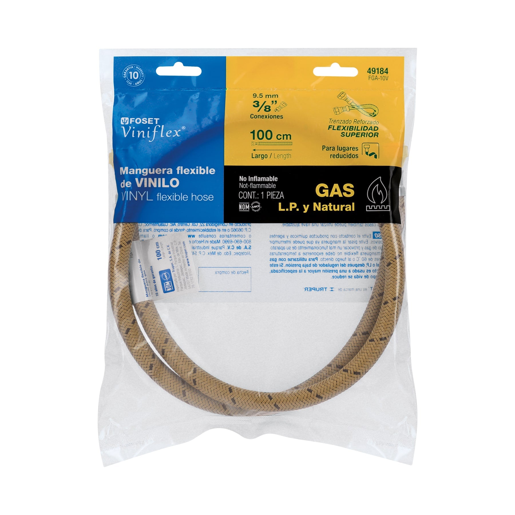 Foset FGA-10V, Manguera flexible de 100 cm para gas, trenzado con vinilo