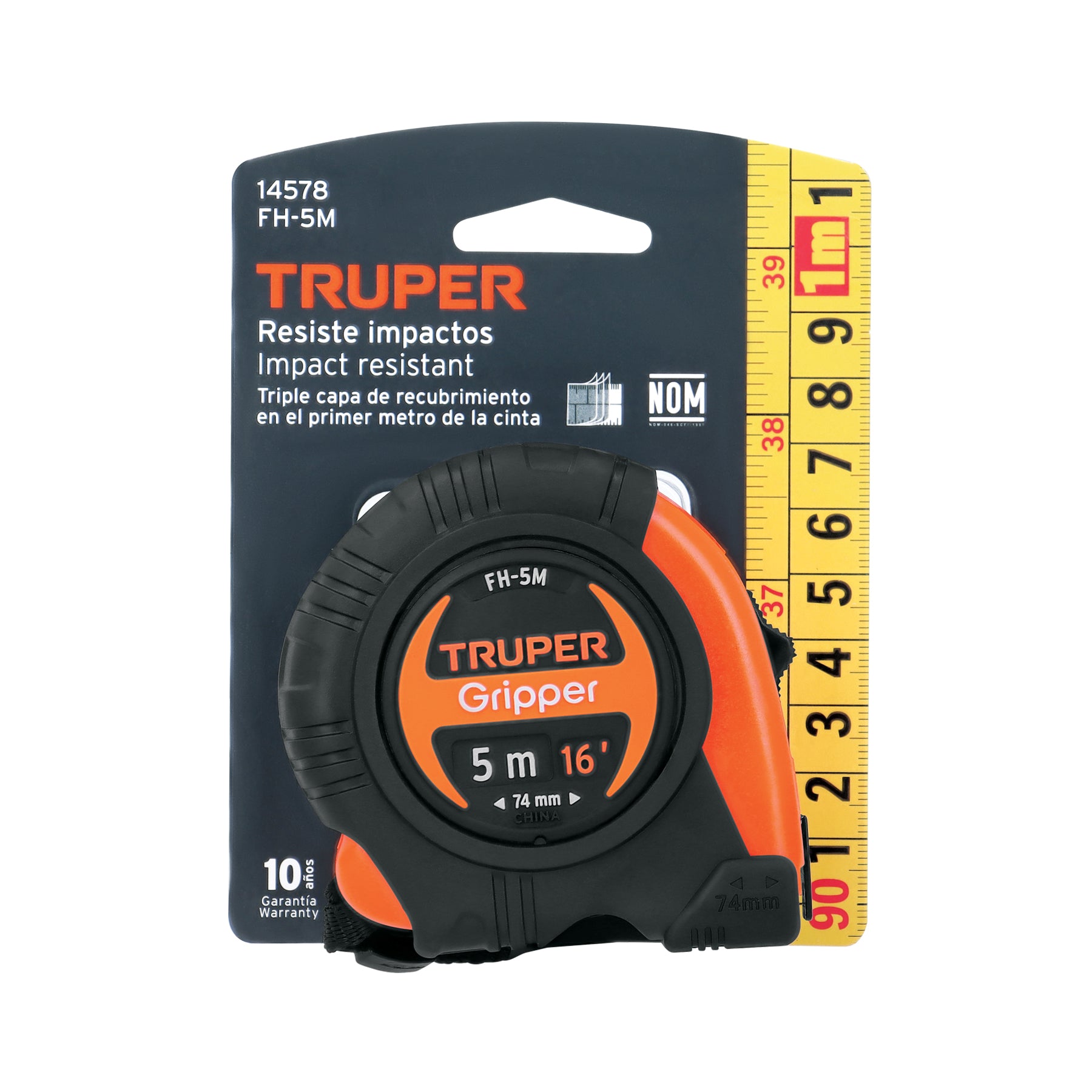 Truper FH-5M, Flexómetro Gripper, contra impacto, 5 m, cinta 19 mm