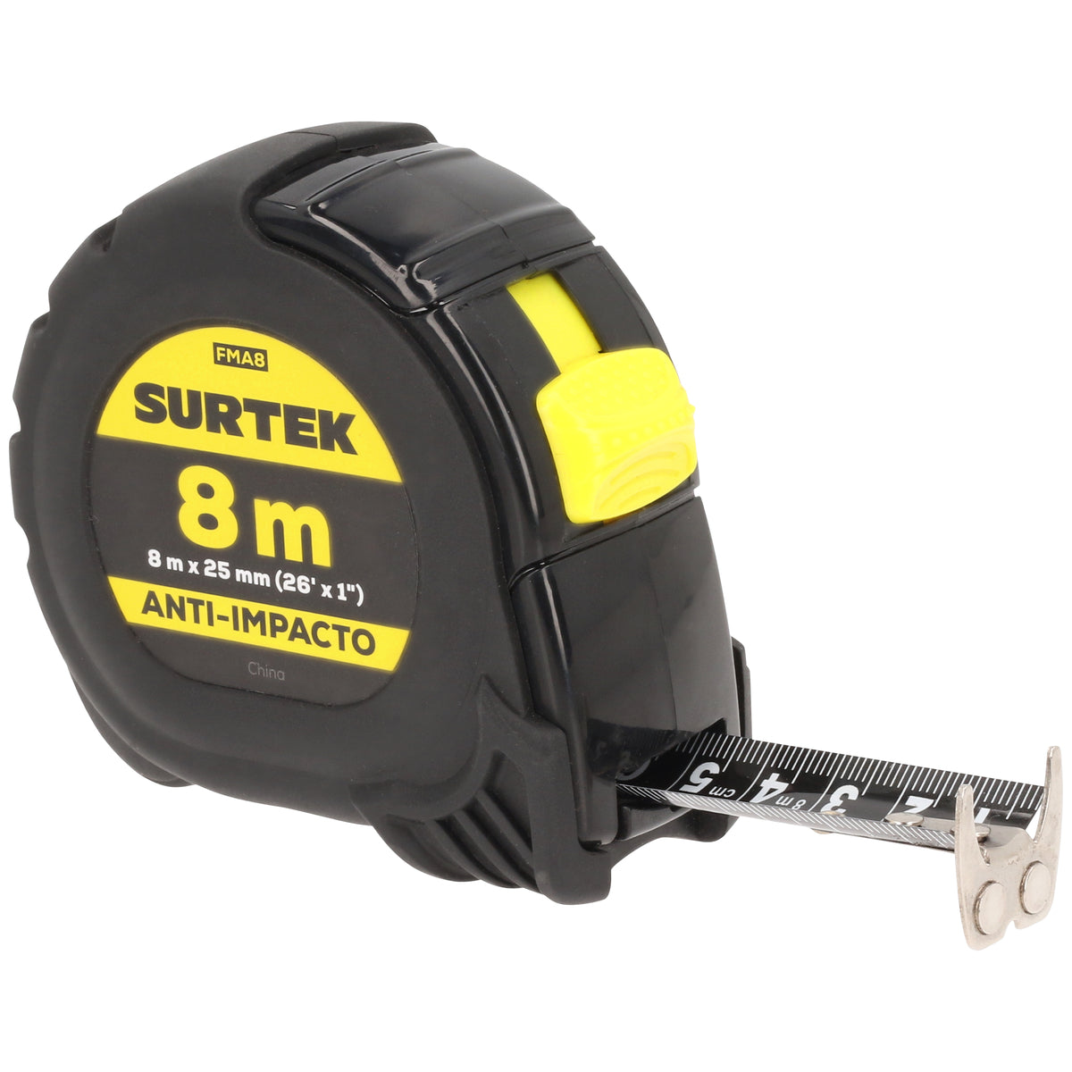 Flexómetro con carcasa anti-impacto cinta color negro 8 m x 25 mm Surtek