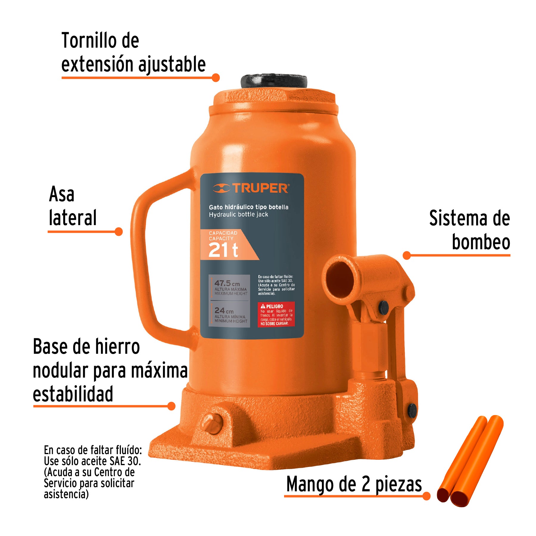 Gato hidráulico de botella de 21 Ton, TRUPER GAT-20