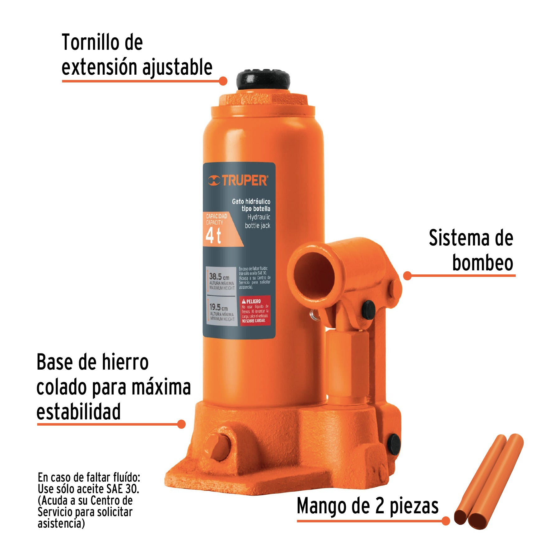 Gato hidráulico de botella de 4 Ton, TRUPER GAT-4