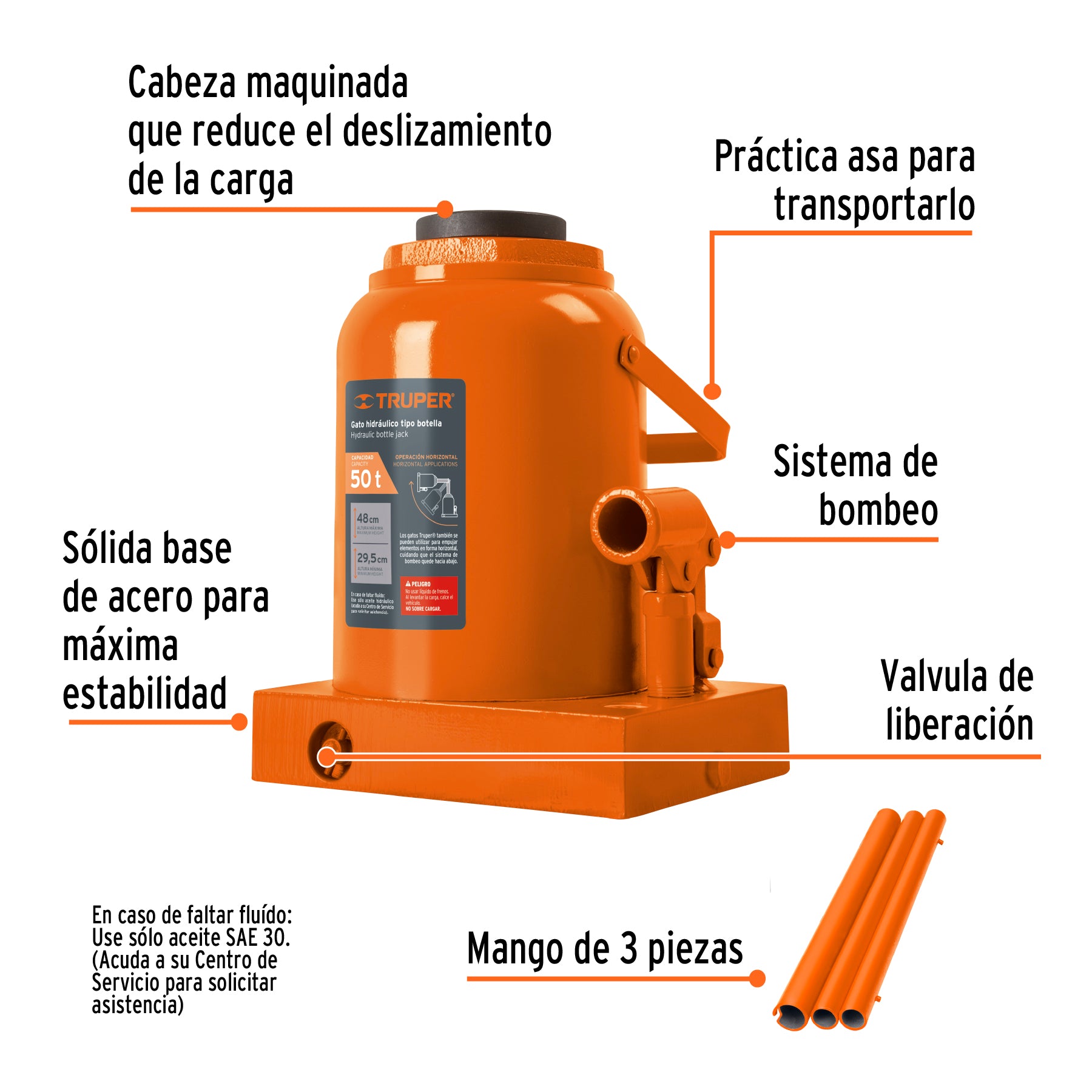Gato hidráulico de botella de 50 Ton, TRUPER GAT-50