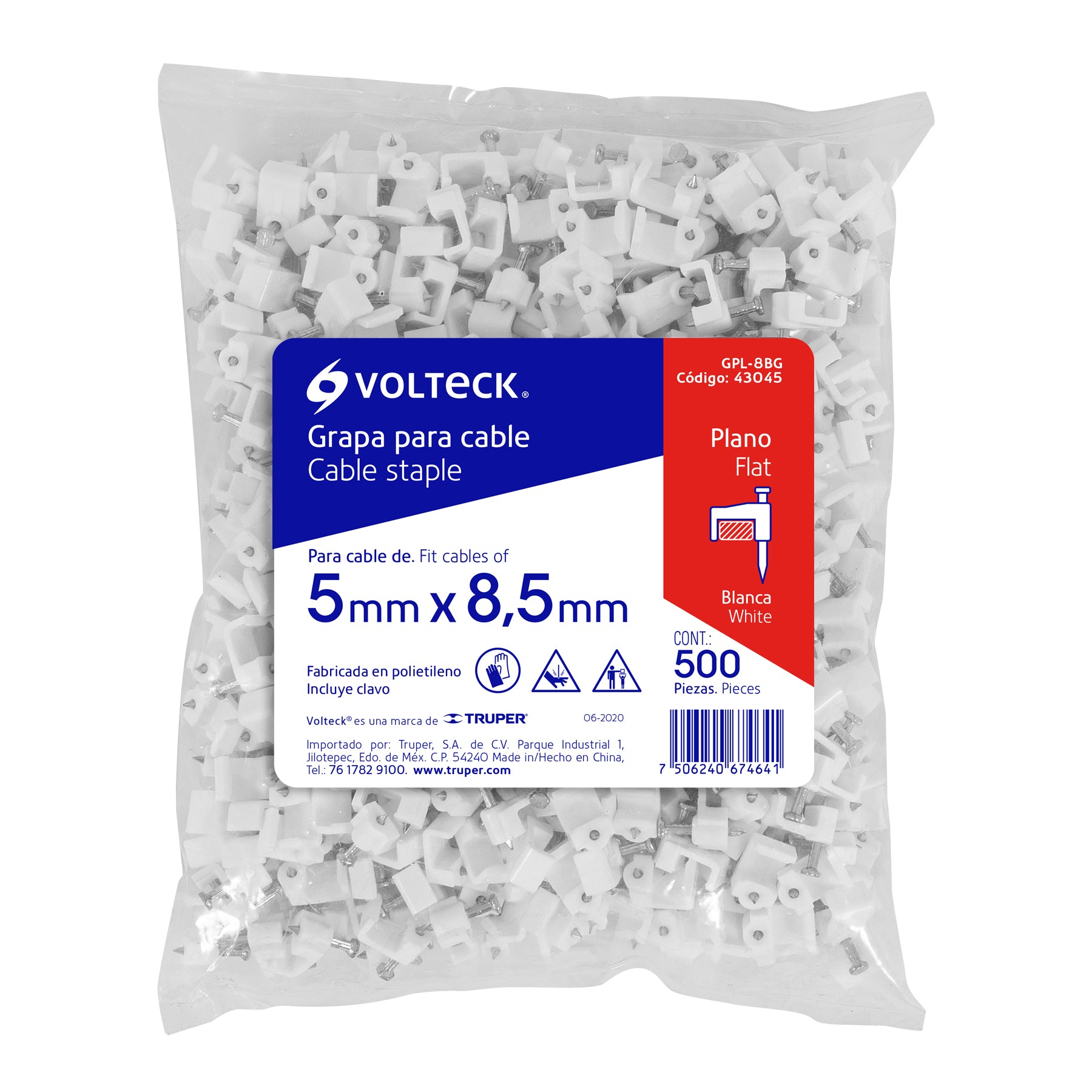 Volteck GPL-8BG, Bolsa con 500 grapas blancas de 5 X 8.5 mm para cable plano