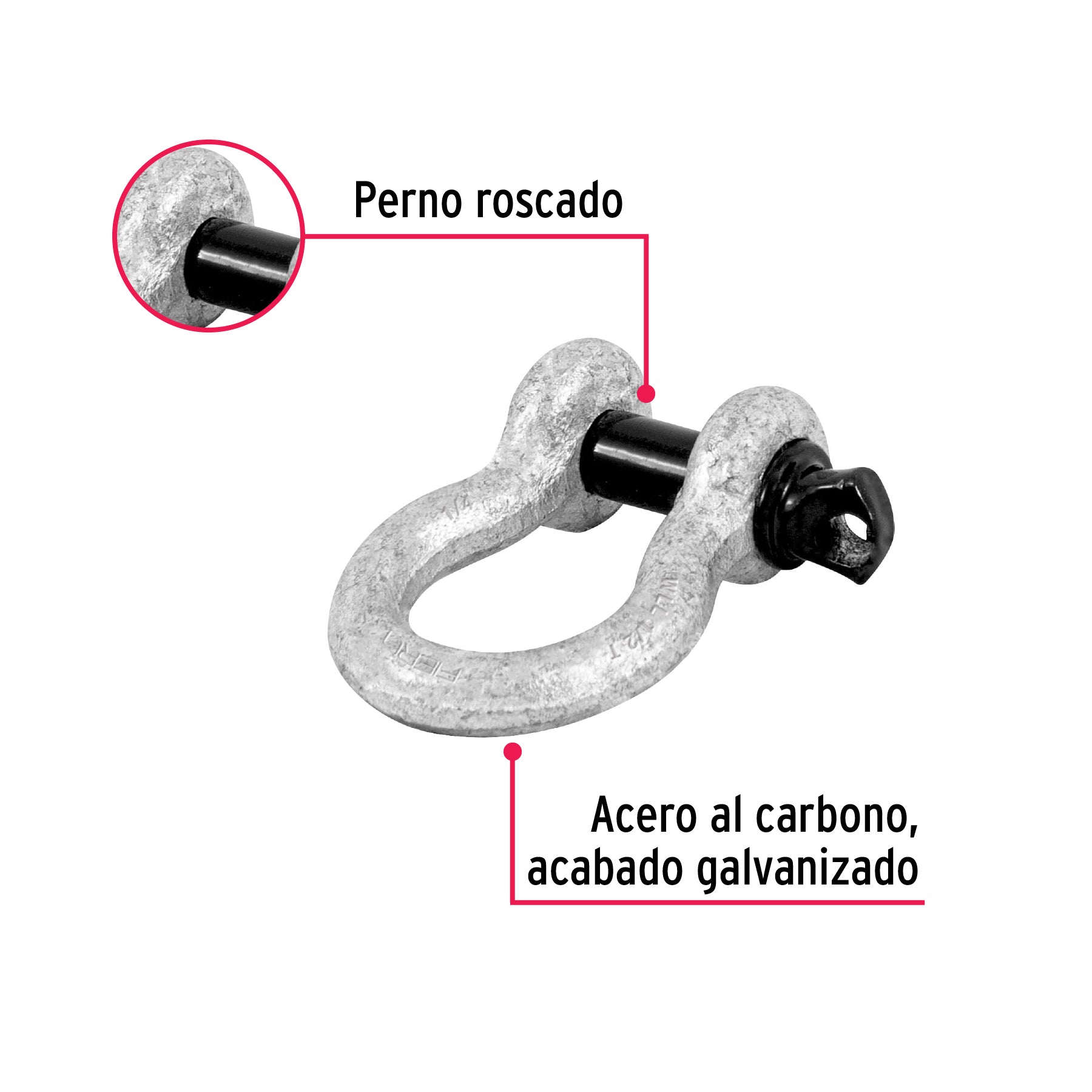 Fiero GRI-1/4, Grillete de 1/4″, perno roscado, galvanizado por inmersión