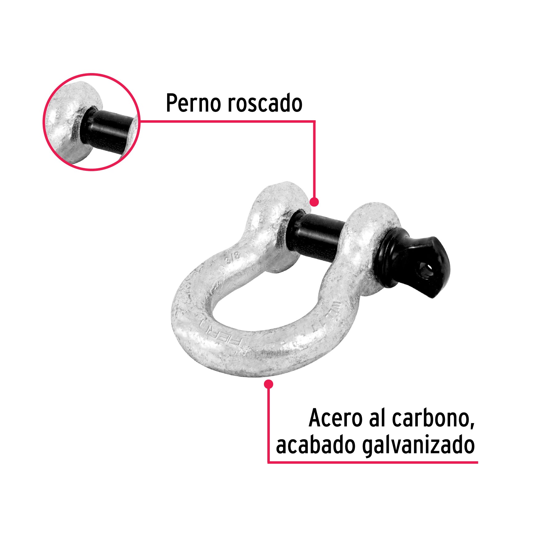 Fiero GRI-3/8, Grillete de 3/8″, perno roscado, galvanizado por inmersión