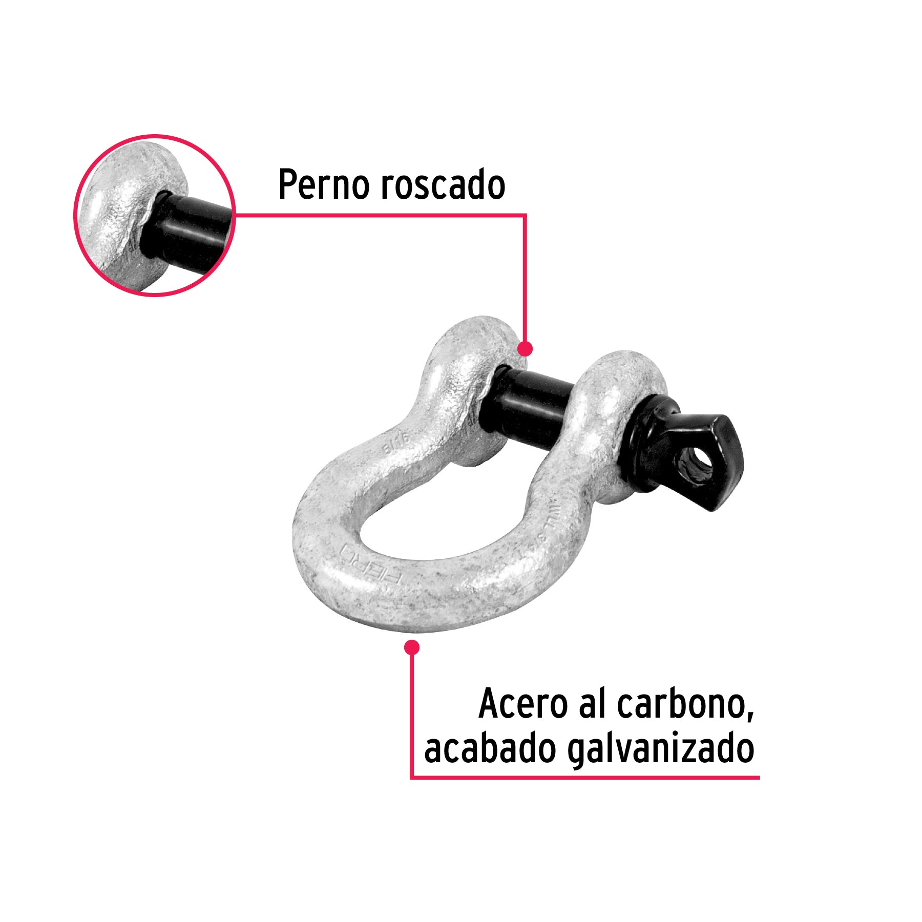 Fiero GRI-5/16, Grillete de 5/16″, perno roscado, galvanizado por inmersión