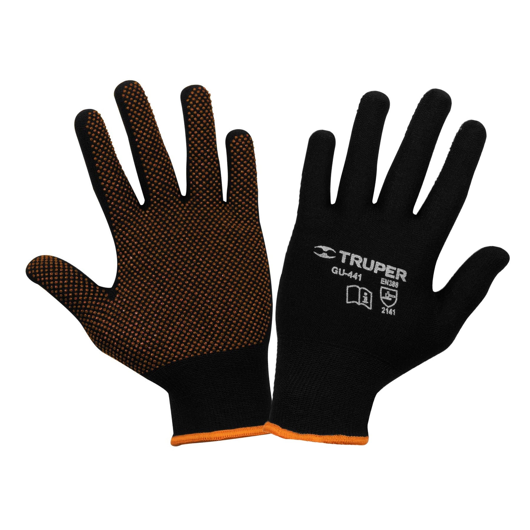 Truper GU-441, Guantes de poliéster con puntos de PVC en palma, puño tejido, CH