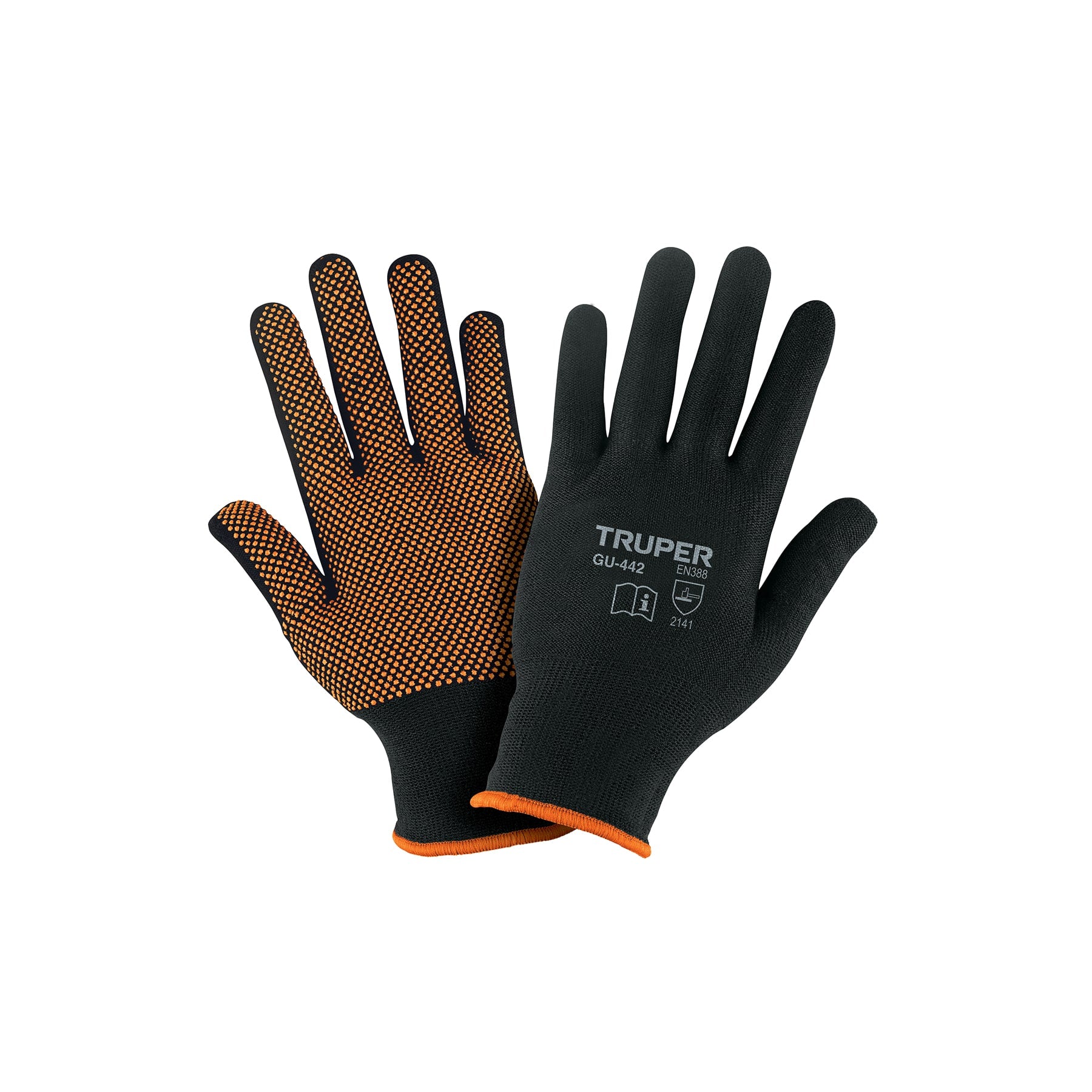 Truper GU-442, Guantes de poliéster con puntos de PVC en palma, puño tejido, M