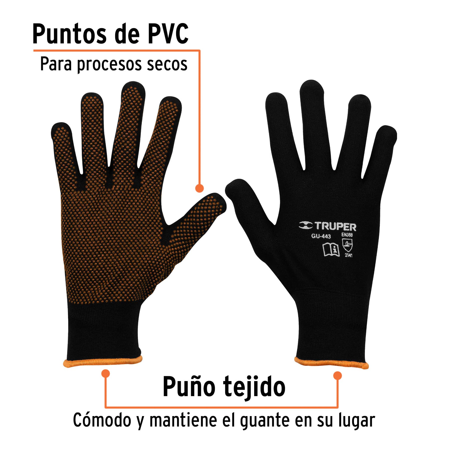 Truper GU-443, Guantes de poliéster con puntos de PVC en palma, puño tejido, G - Carzamo.com