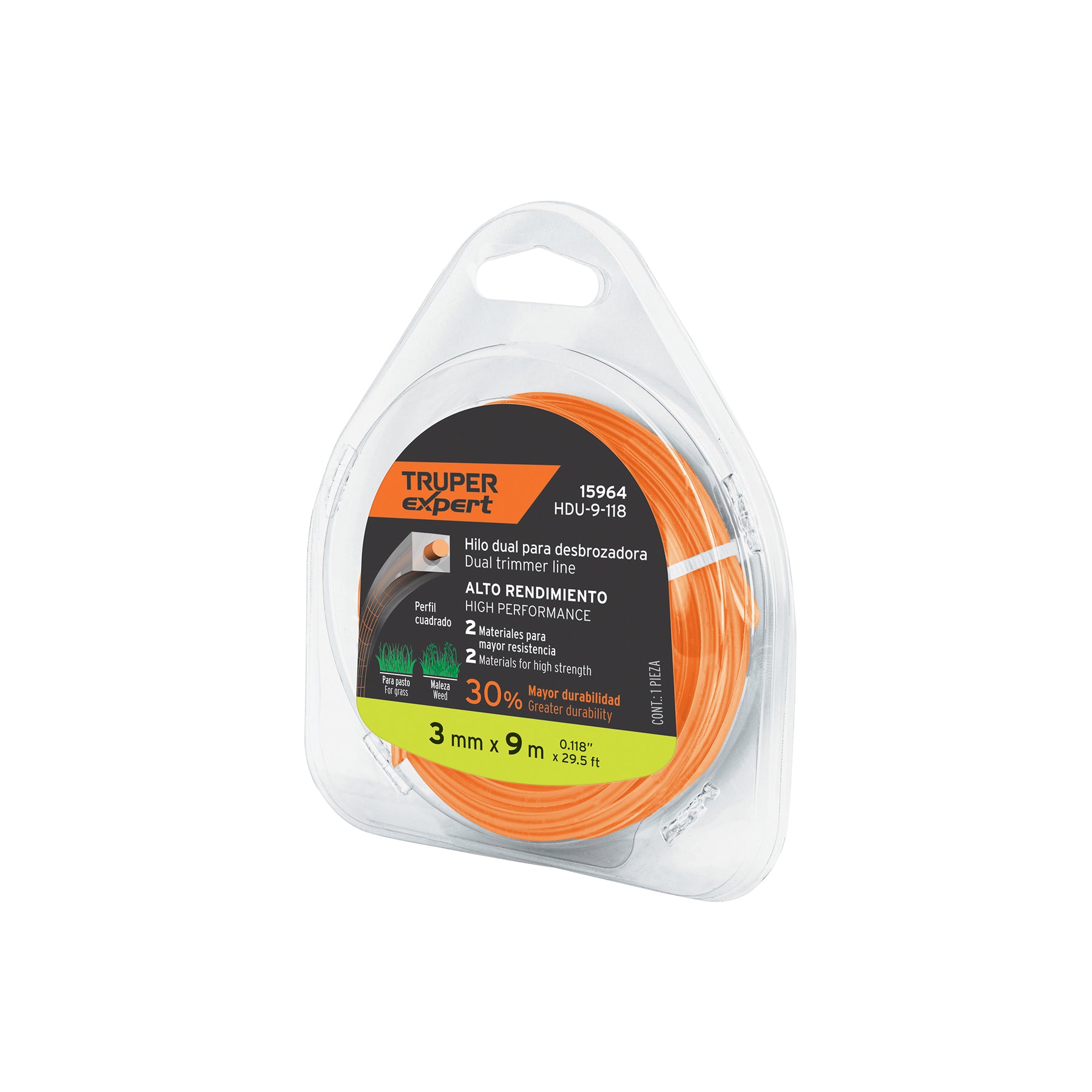 Truper Expert HDU-9-118, Rollo de Hilo Dual para desbrozadora 3 mm x 9 m