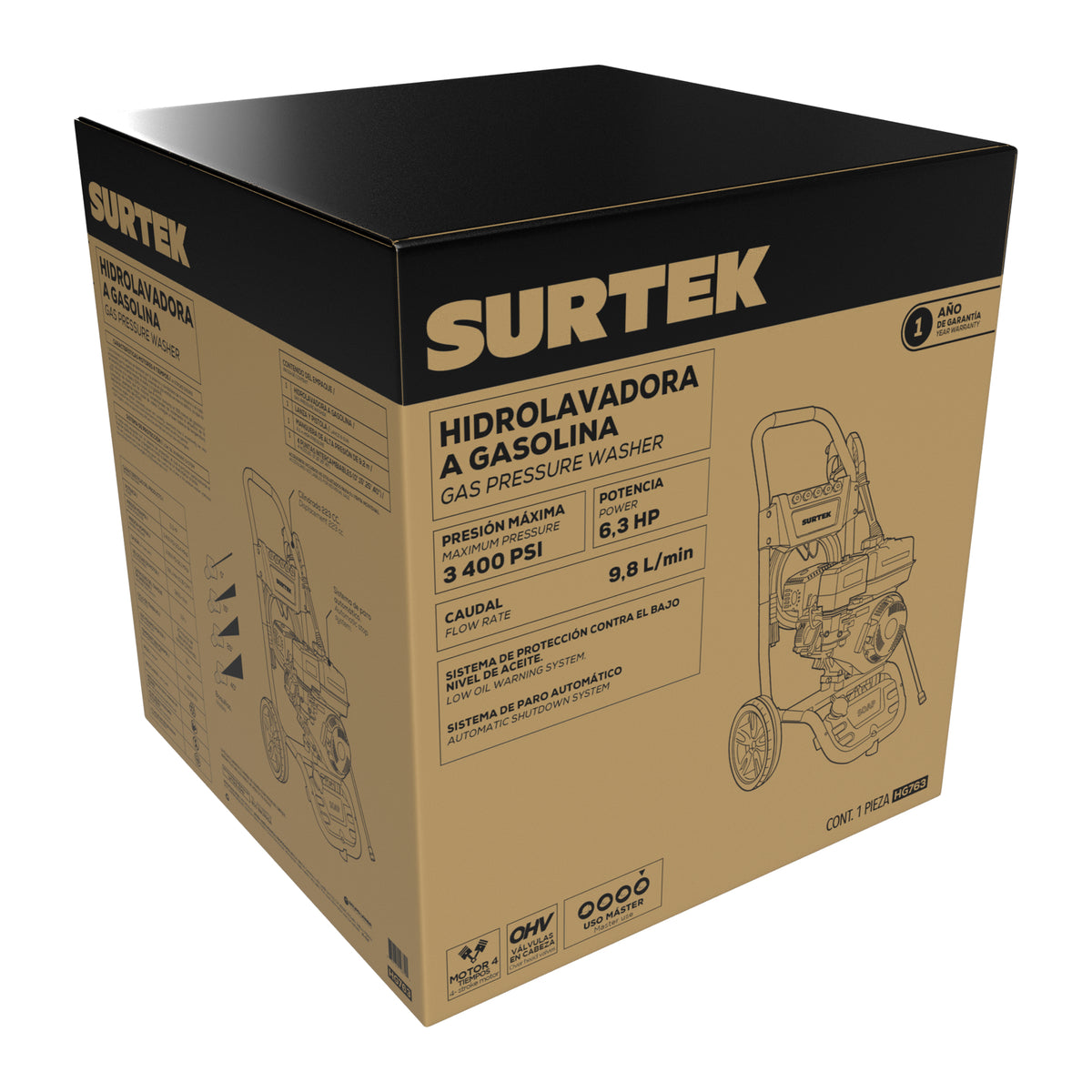 Hidrolavadora a gasolina 6.3 HP 3400 PSI, 9.8 Lt por minuto Surtek