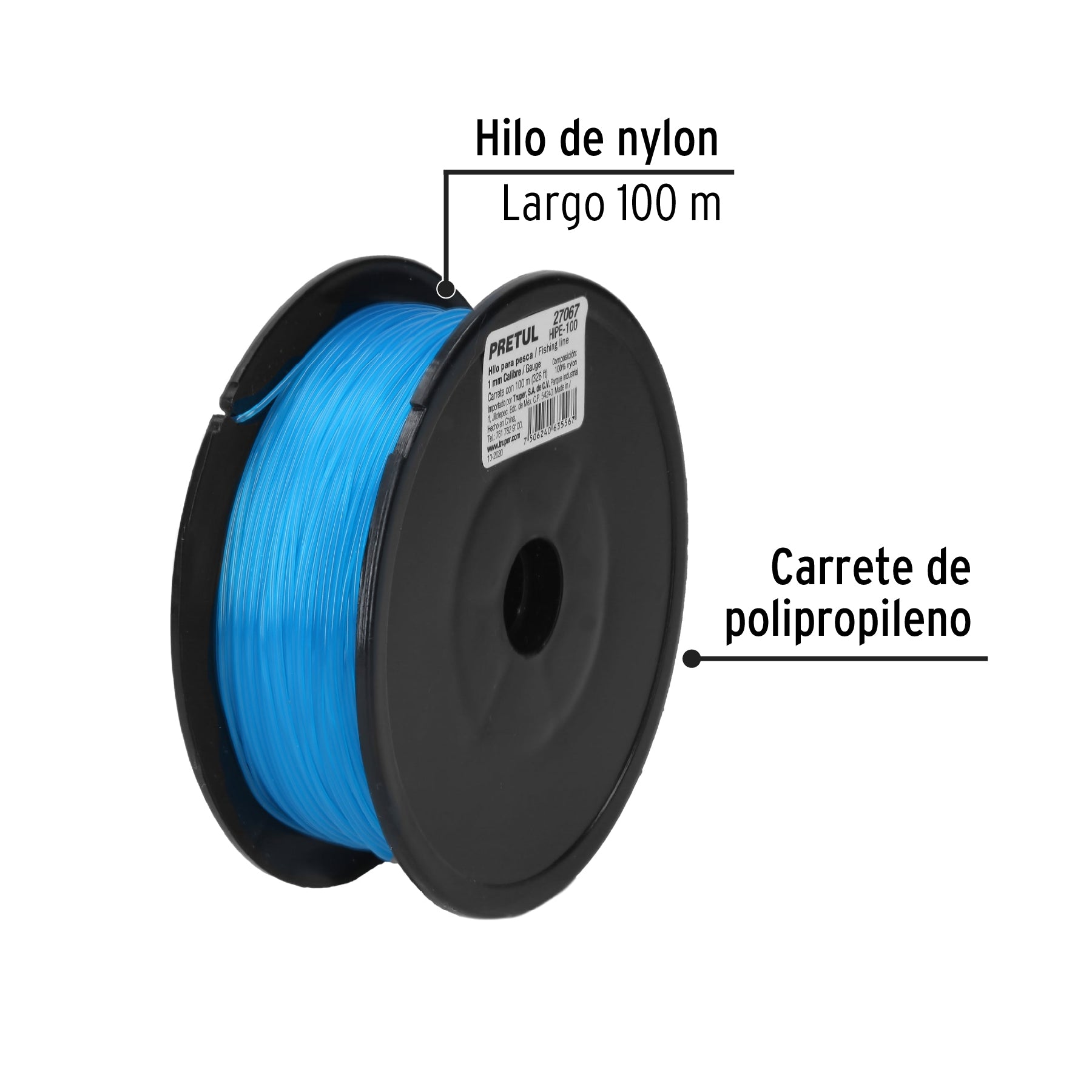 Pretul HIPE-100, Carrete con 100 m de hilo para pesca calibre 1.00 mm azul