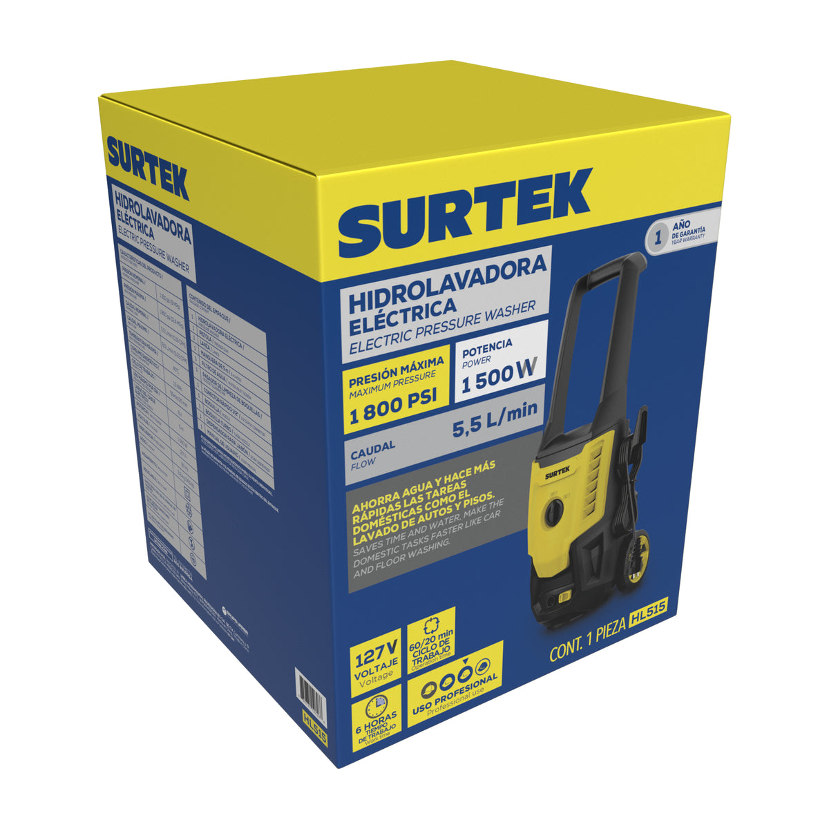 Hidrolavadora eléctrica 1500 W 127 V 1800 PSI, 5.5 Lt por minuto flujo máximo Surtek