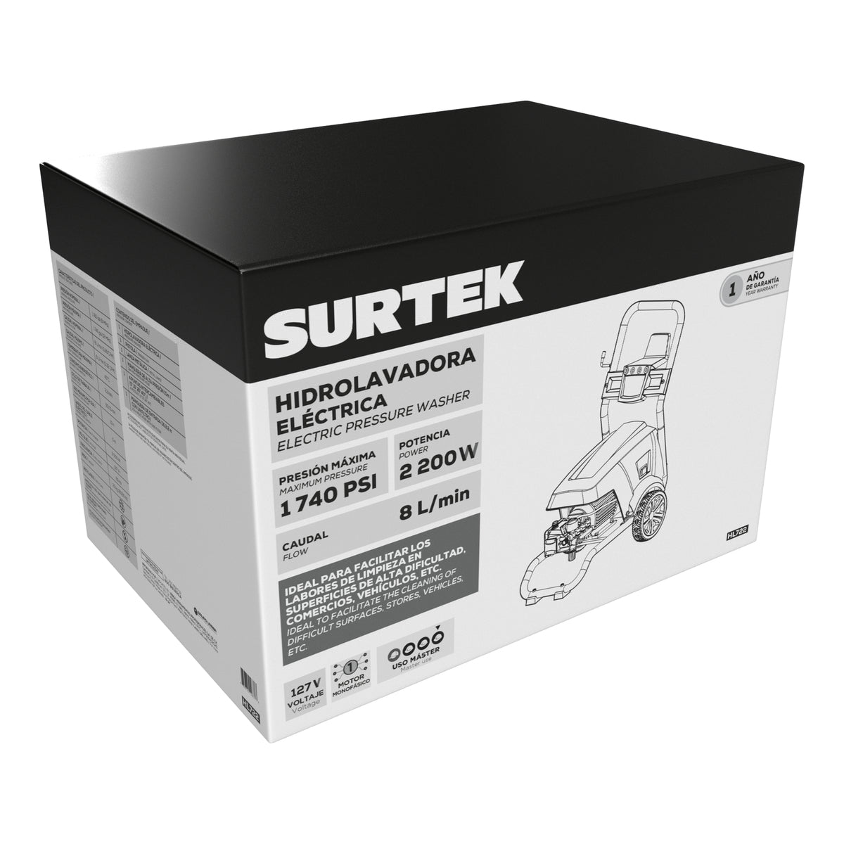Hidrolavadora eléctrica 2200 W 127 V 1740 PSI, 8 Lt por minuto Surtek