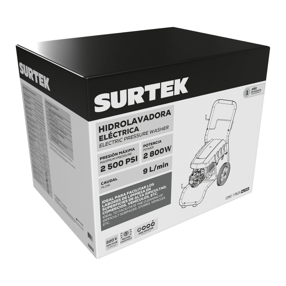 Hidrolavadora eléctrica 2800 W 220 V 2500 PSI, 9 Lt por minuto Surtek