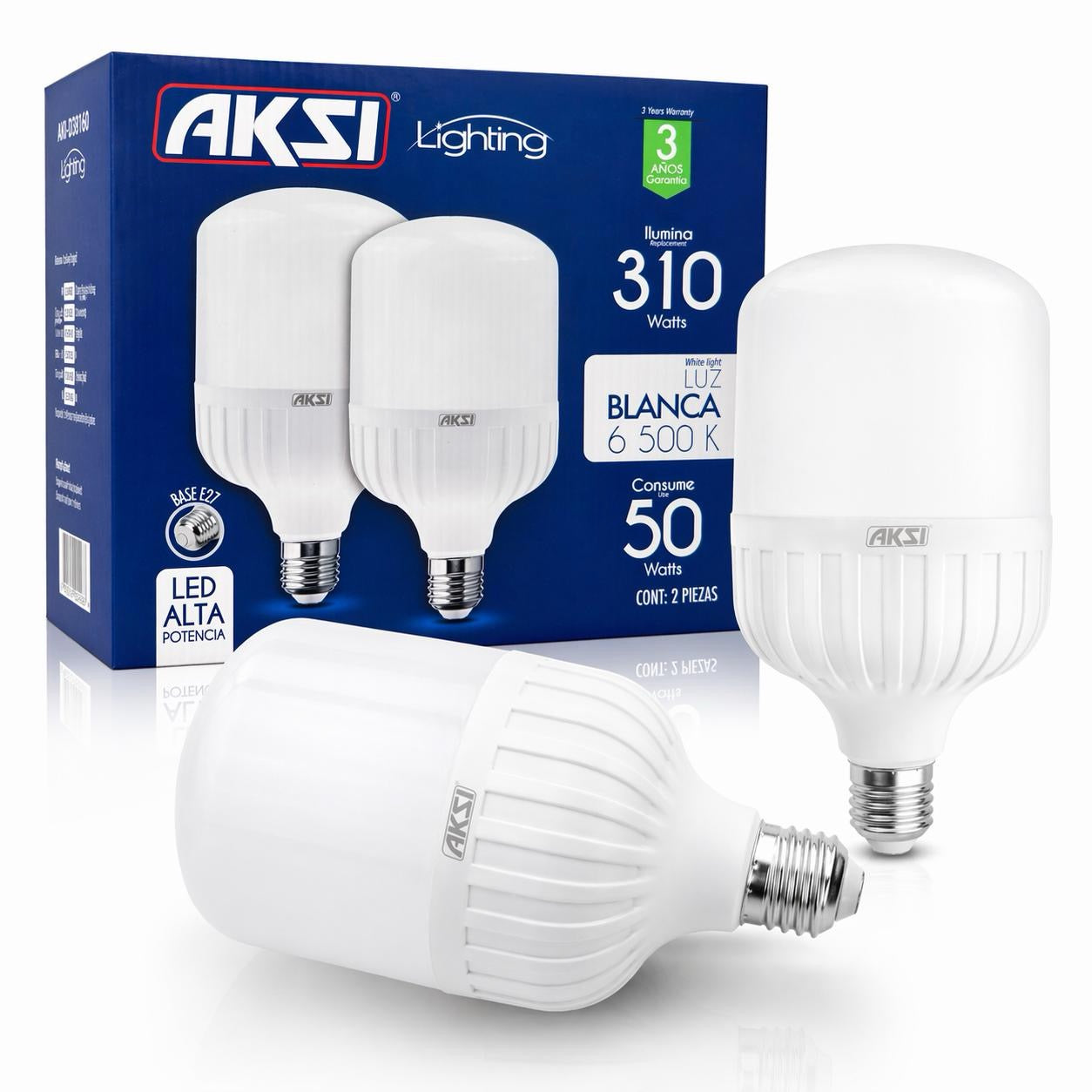 Pack 2 Focos LED Iluminación 310W Consumo 50W Luz Blanca 6500K 5000 lm E27 AKSI - Carzamo.com