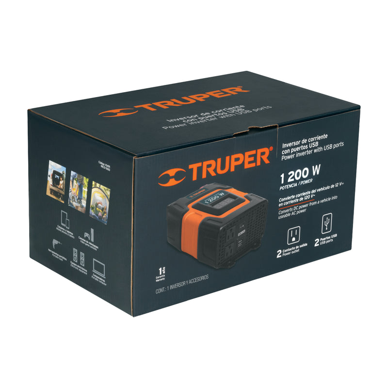 Truper INCO-1000, Inversor de corriente con puertos USB, 1200 W - Carzamo.com