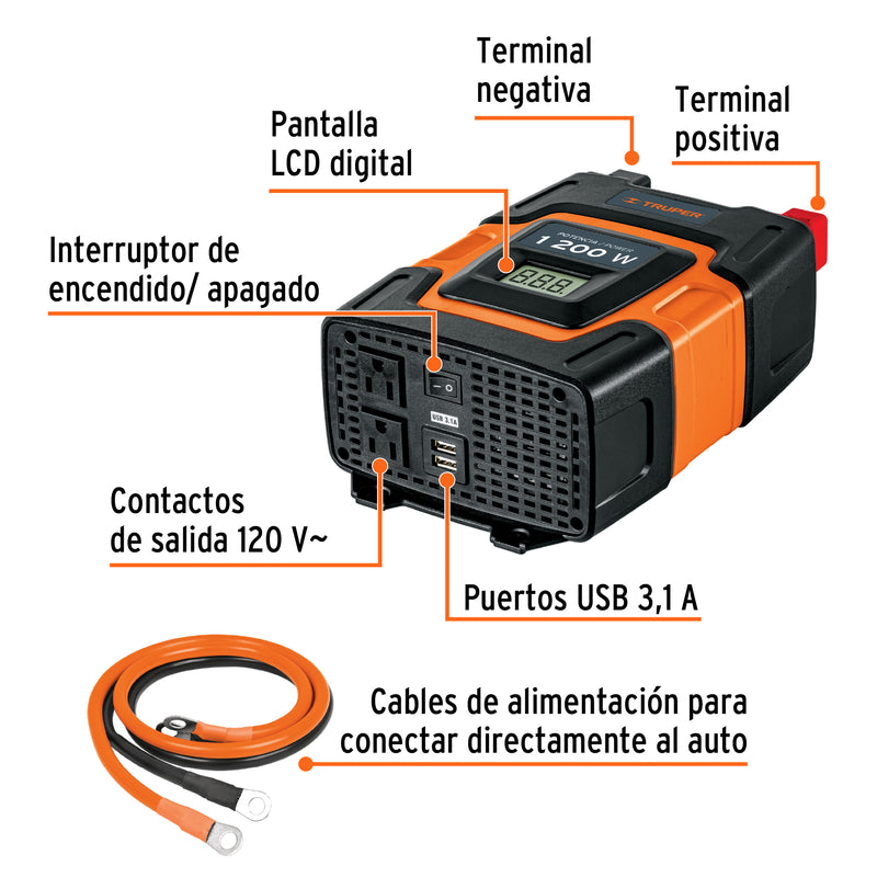 Truper INCO-1000, Inversor de corriente con puertos USB, 1200 W - Carzamo.com