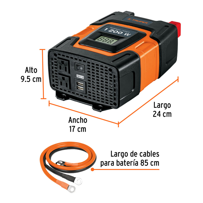 Truper INCO-1000, Inversor de corriente con puertos USB, 1200 W - Carzamo.com