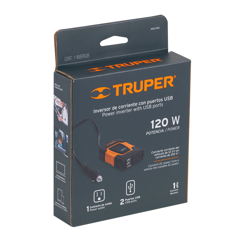 Truper INCO-100, Inversor de corriente con puertos USB, 120 W - Carzamo.com