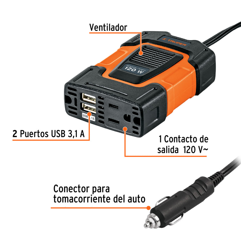 Truper INCO-100, Inversor de corriente con puertos USB, 120 W - Carzamo.com