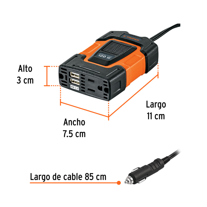 Truper INCO-100, Inversor de corriente con puertos USB, 120 W - Carzamo.com