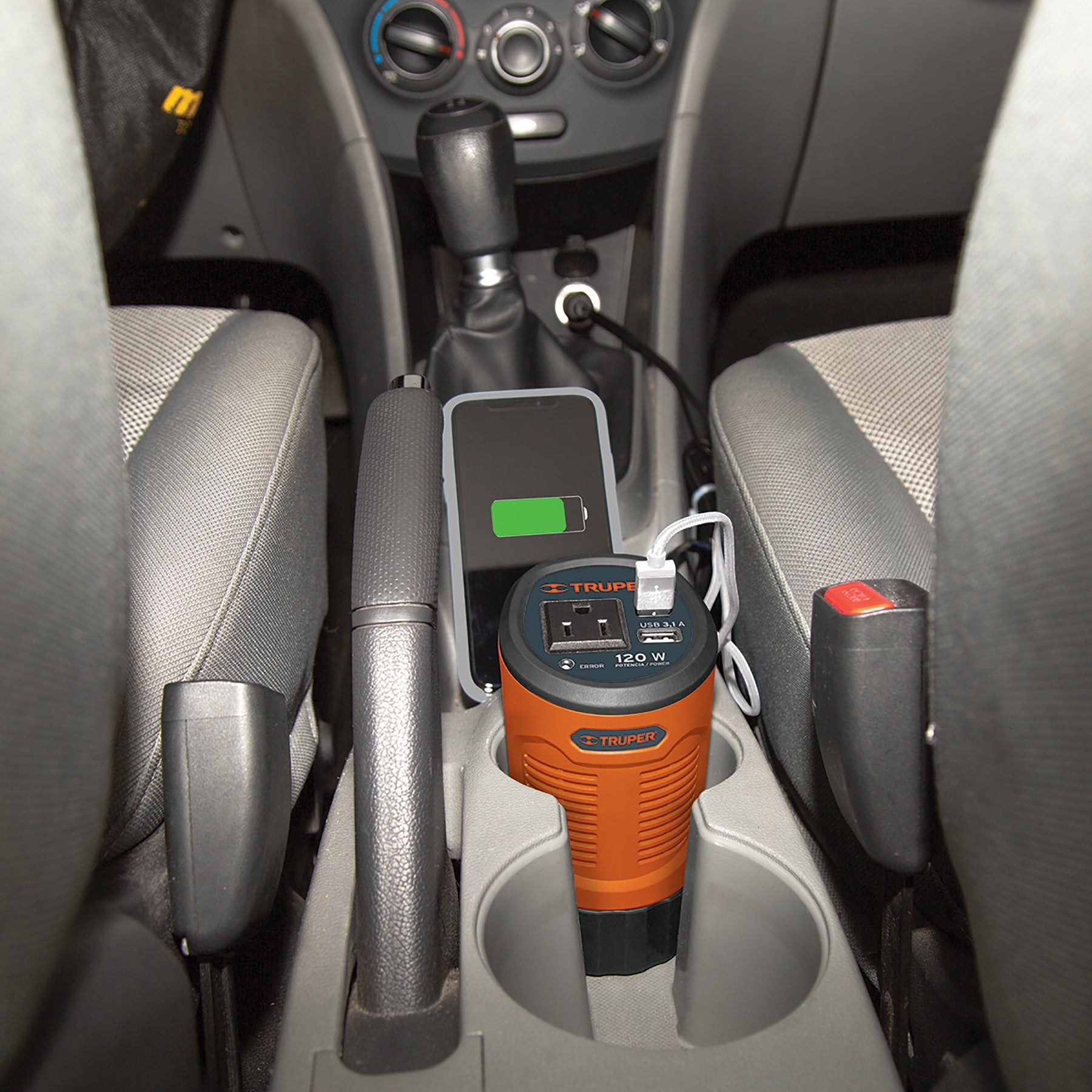 Truper INCO-120, Inversor de corriente 120 W tipo vaso 2 puertos USB - Carzamo.com