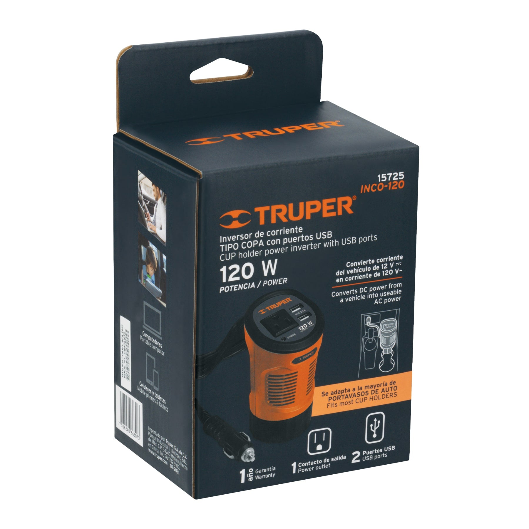 Truper INCO-120, Inversor de corriente 120 W tipo vaso 2 puertos USB - Carzamo.com