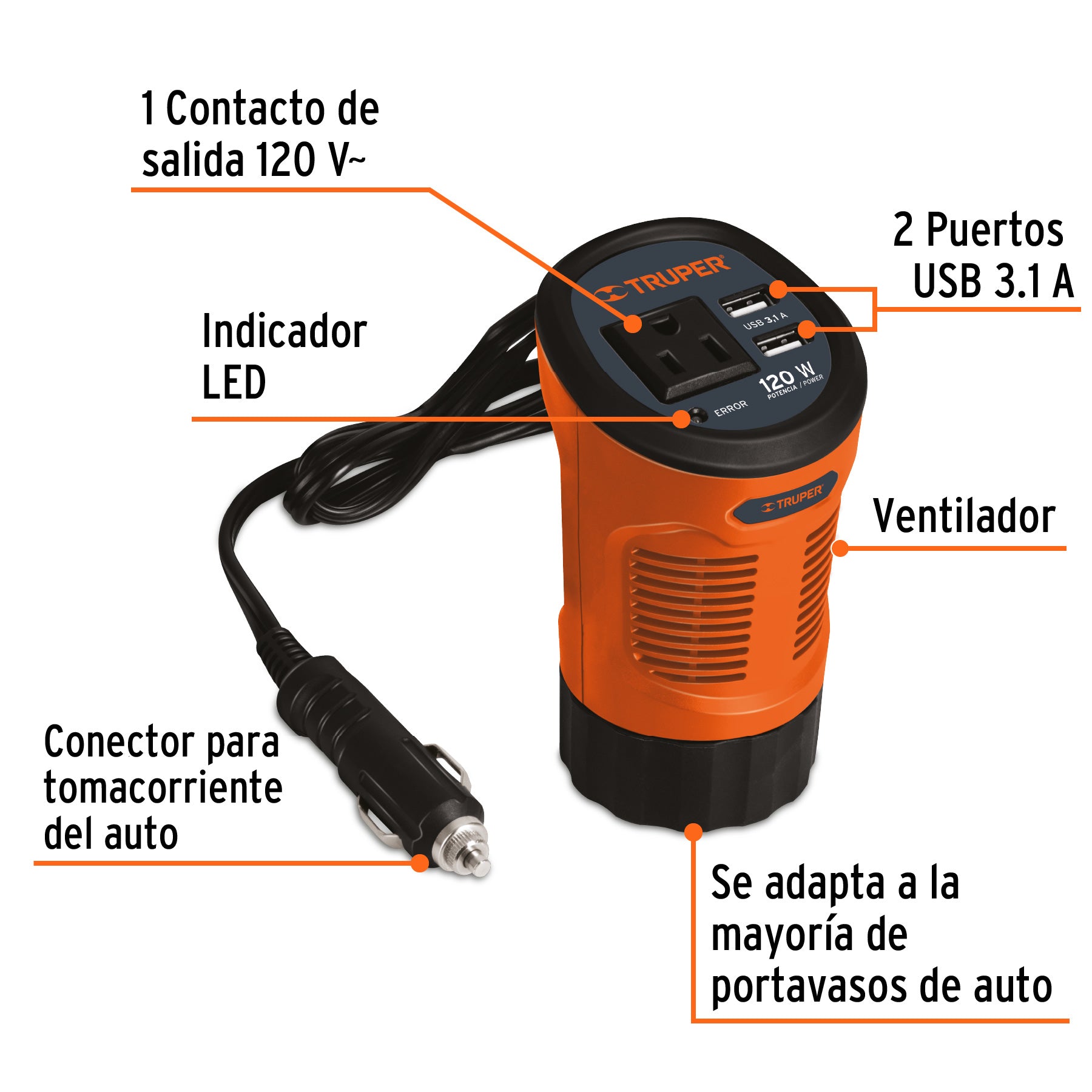 Truper INCO-120, Inversor de corriente 120 W tipo vaso 2 puertos USB - Carzamo.com
