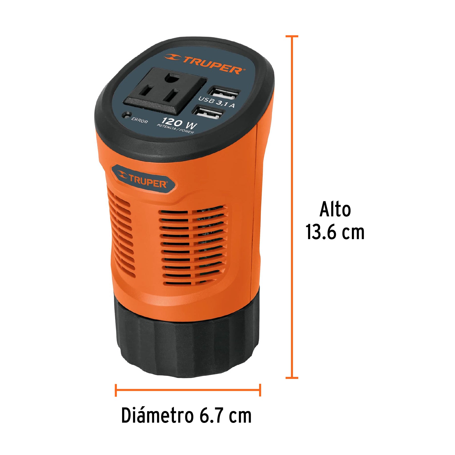 Truper INCO-120, Inversor de corriente 120 W tipo vaso 2 puertos USB - Carzamo.com