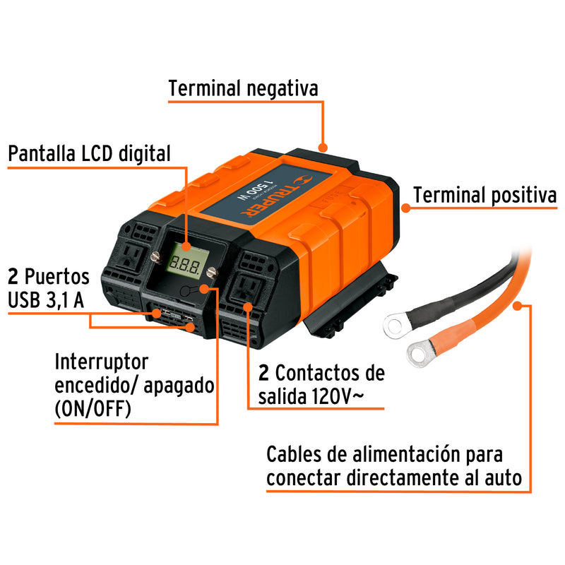 Truper INCO-1500, Inversor de corriente de 1500 W - Carzamo.com