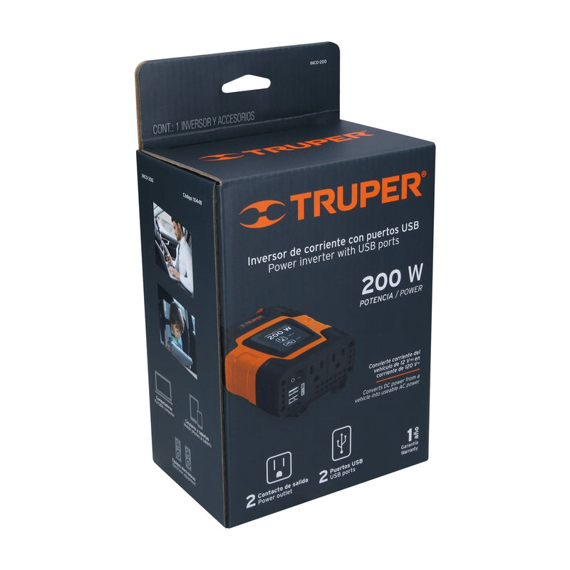 Truper INCO-200, Inversor de corriente con puertos USB, 200 W - Carzamo.com
