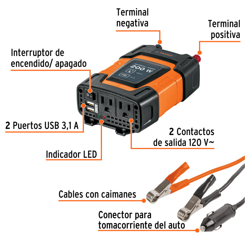 Truper INCO-200, Inversor de corriente con puertos USB, 200 W - Carzamo.com