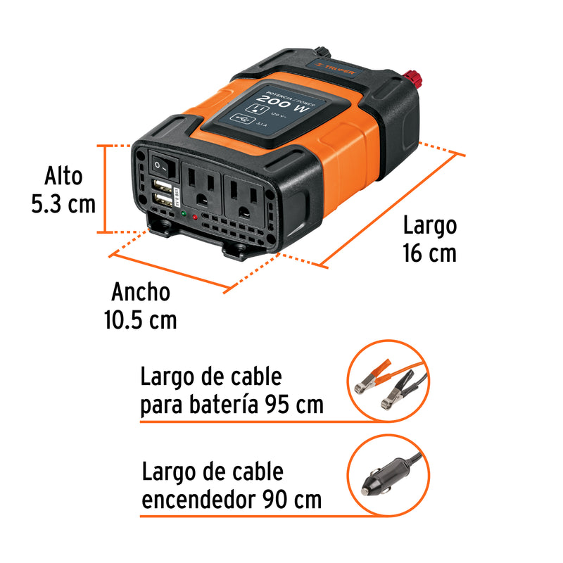 Truper INCO-200, Inversor de corriente con puertos USB, 200 W - Carzamo.com