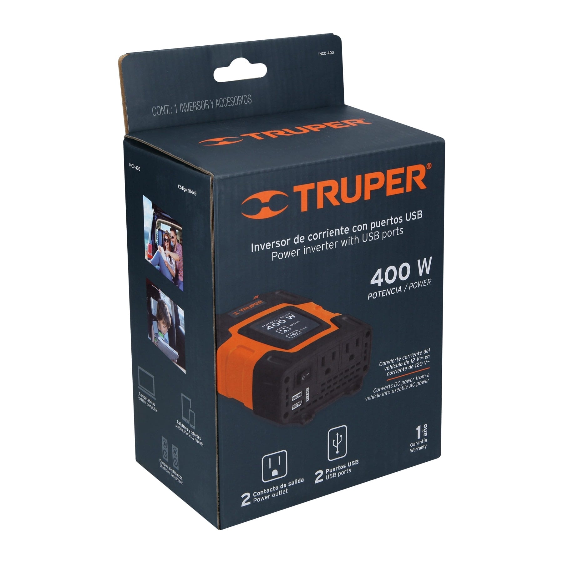 Truper INCO-400, Inversor de corriente 400 W, con adaptador de caiman