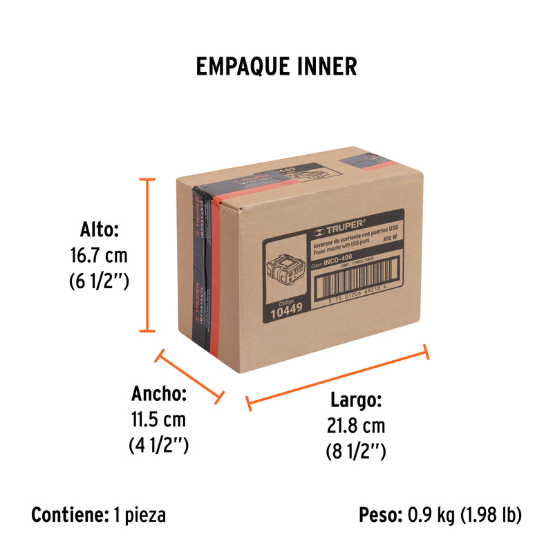 Truper INCO-400, Inversor de corriente 400 W, con adaptador de caiman - Carzamo.com