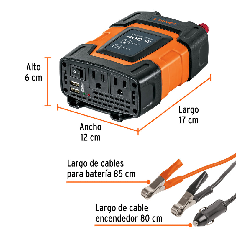 Truper INCO-400, Inversor de corriente 400 W, con adaptador de caiman - Carzamo.com