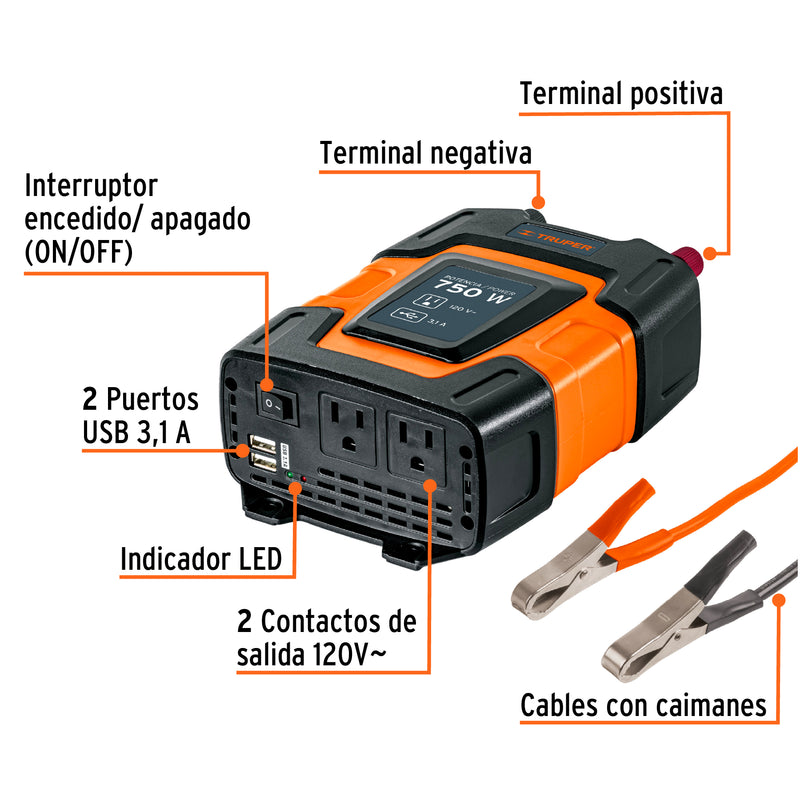 Truper INCO-750, Inversor de corriente de 750 W - Carzamo.com