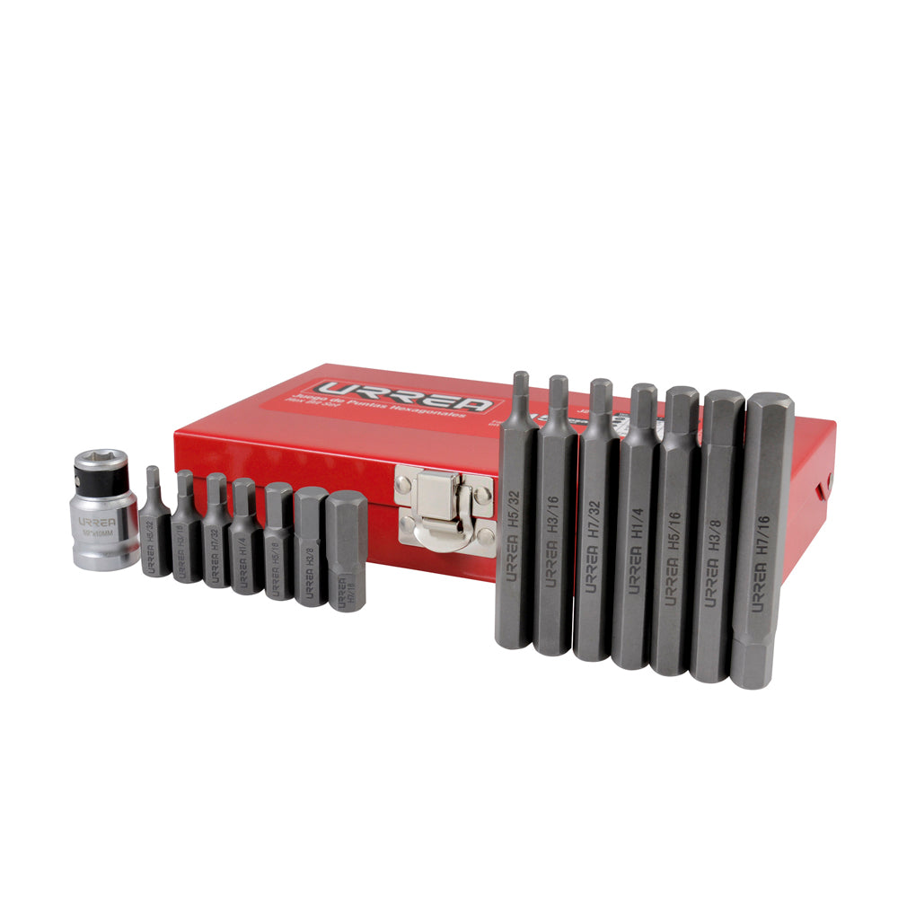 Juego de puntas hexagonales hexágono de 3/8" in, con adaptador, 15 pz en caja metalica Urrea
