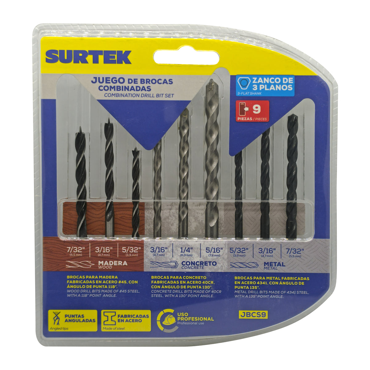 Juego combinado de brocas para metal, concreto y madera, 9 piezas Surtek