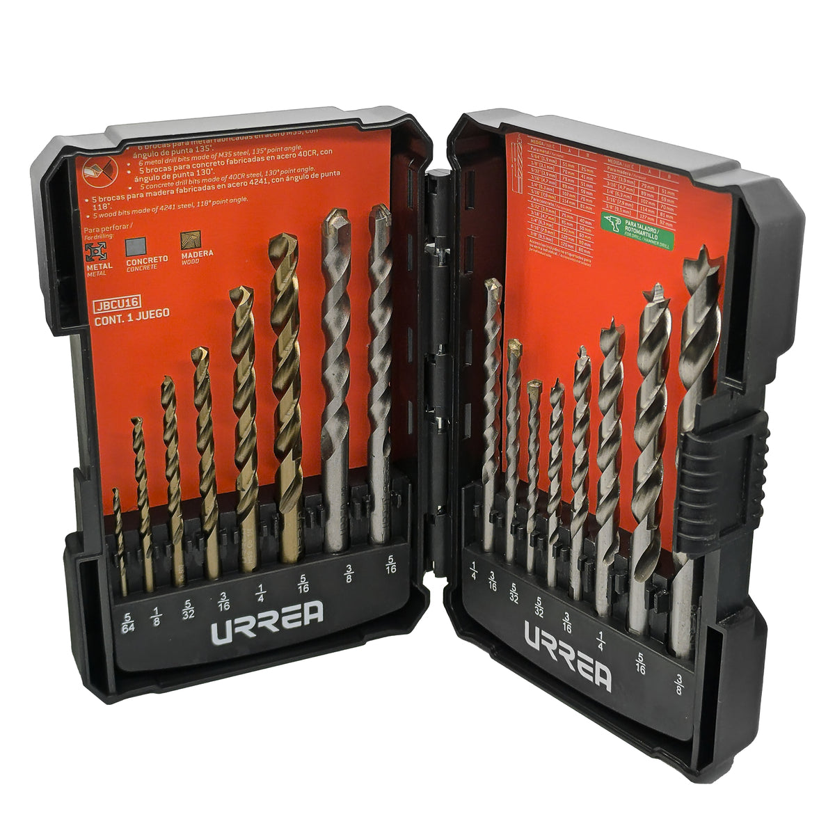 Juego combinado de brocas para metal, concreto y madera, 16 piezas Urrea