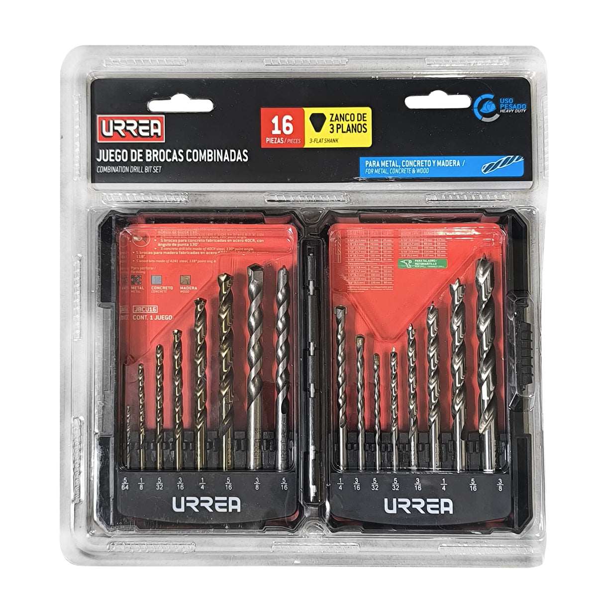 Juego combinado de brocas para metal, concreto y madera, 16 piezas Urrea