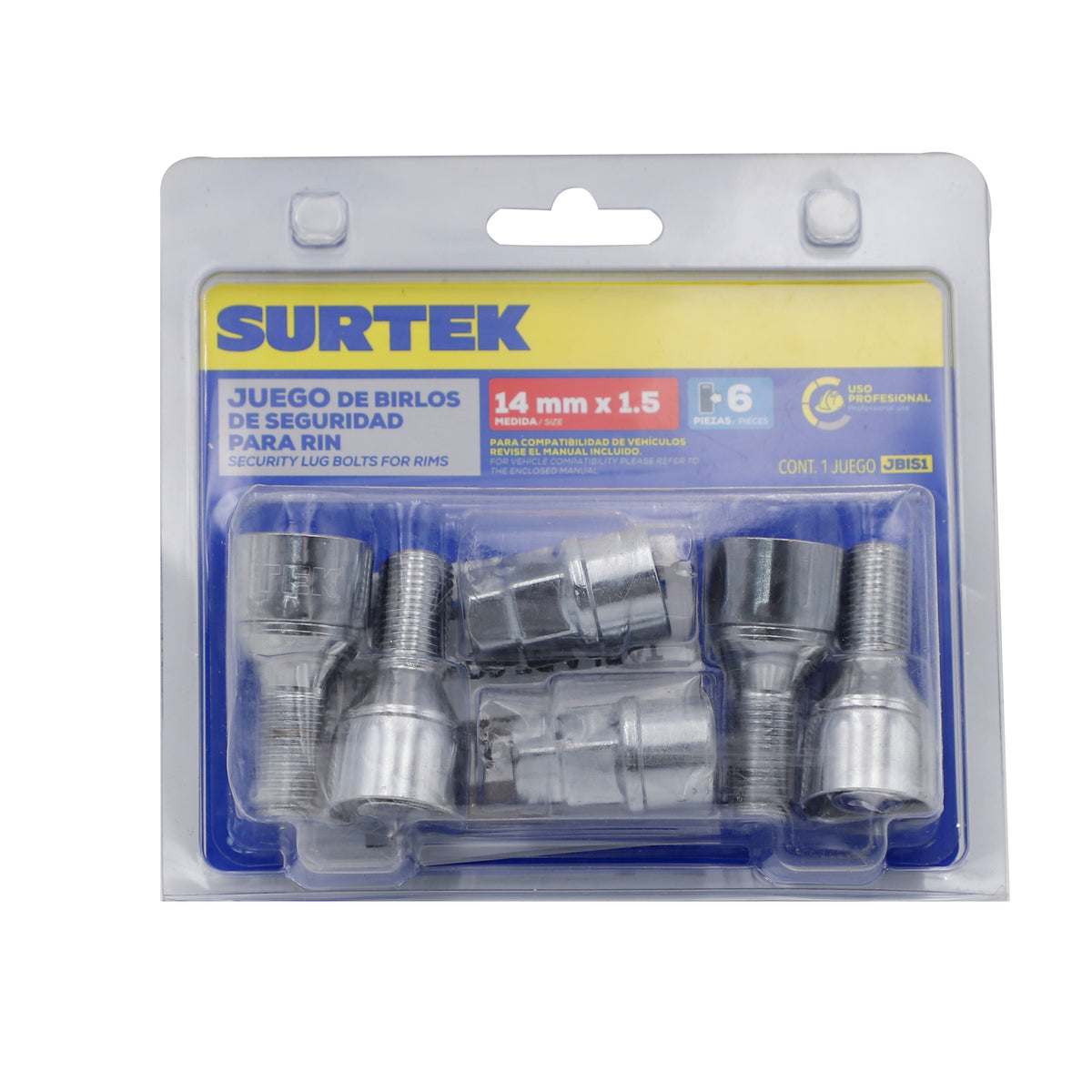 Juego de birlos de seguridad para rin, 6 piezas, 14mm x 1.5" Surtek