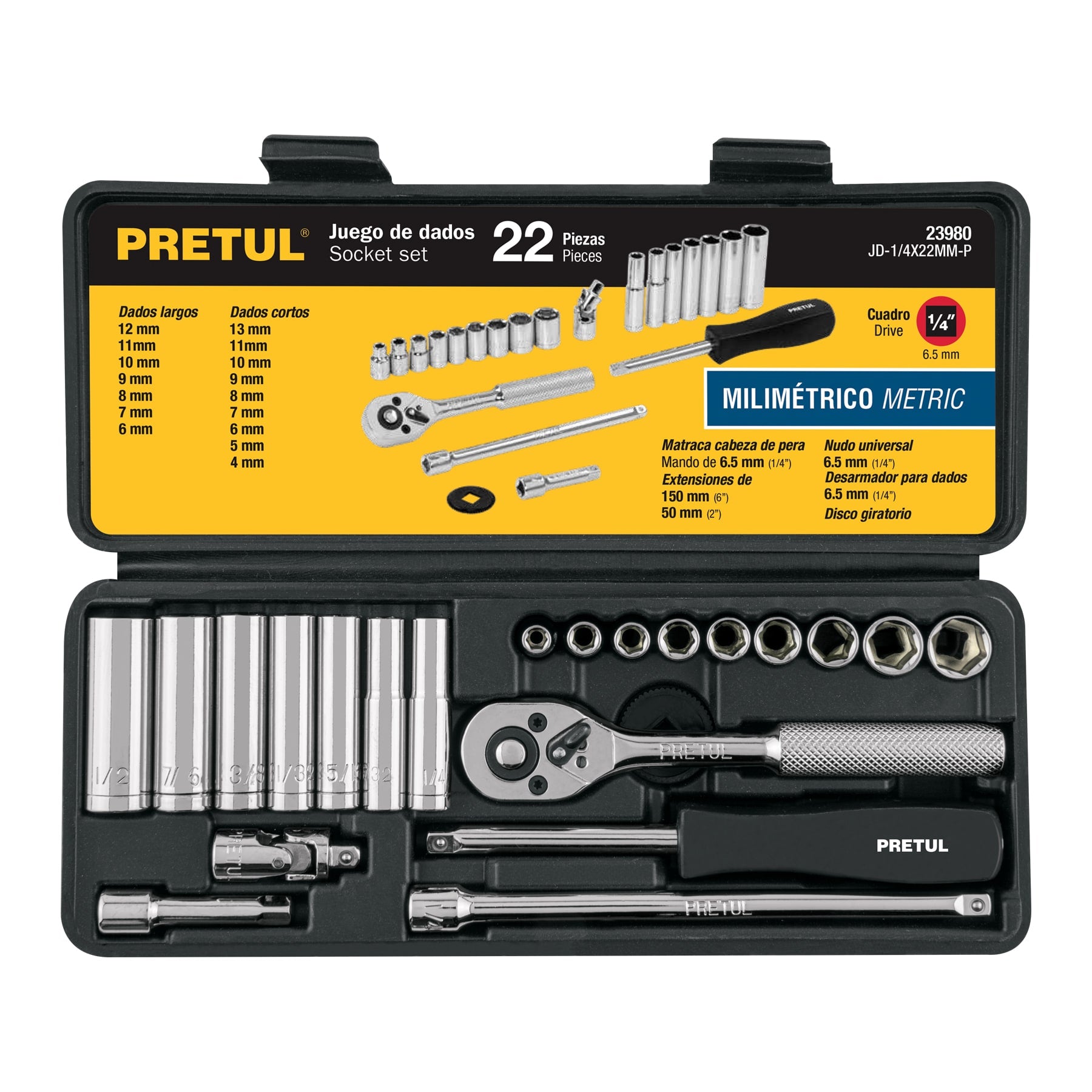 Juego de 22 herramientas 1/4" mm para mecánico, Pretul JD-1/4X22MM-P