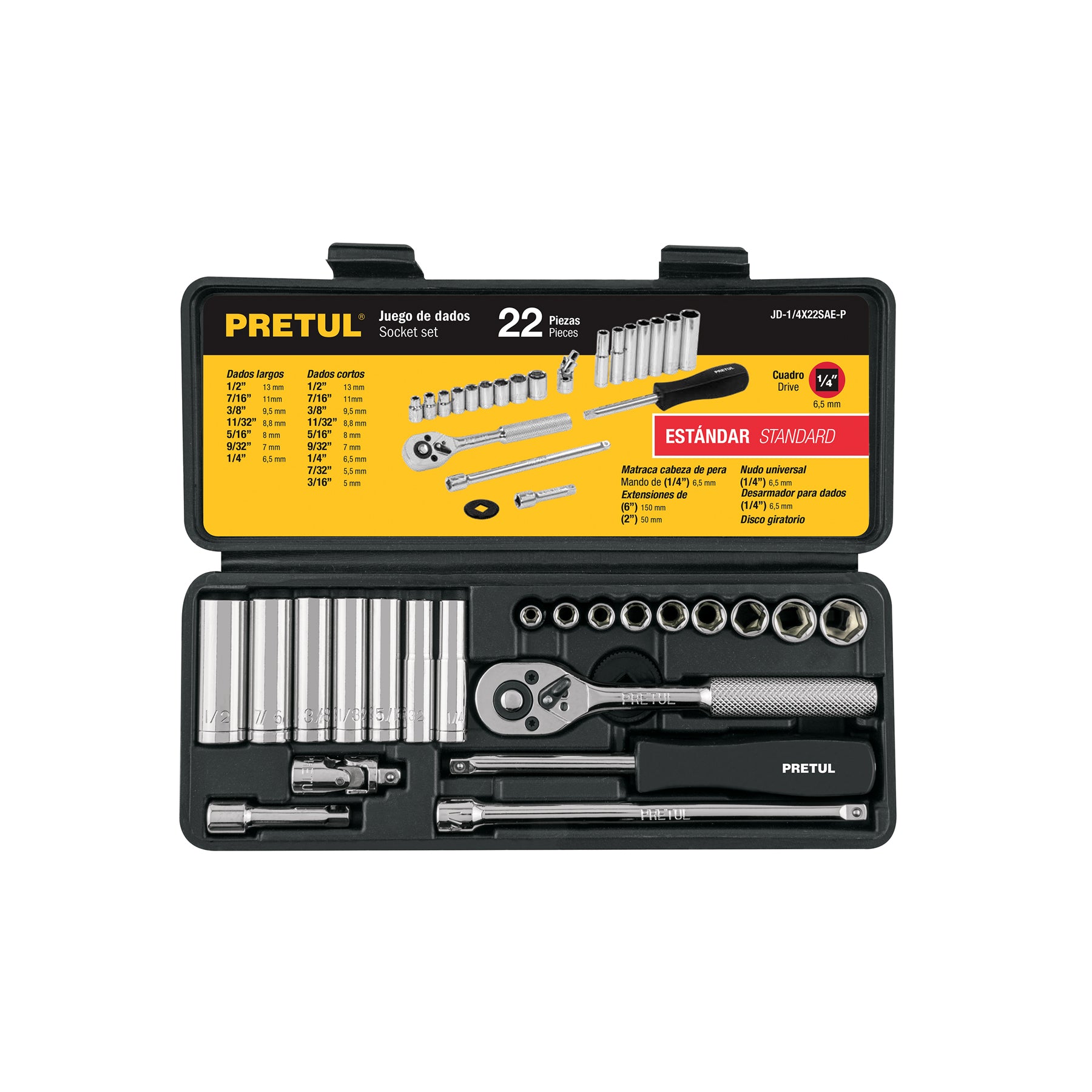 Juego de 22 herramientas 1/4" std para mecánico, Pretul JD-1/4X22SAE-P