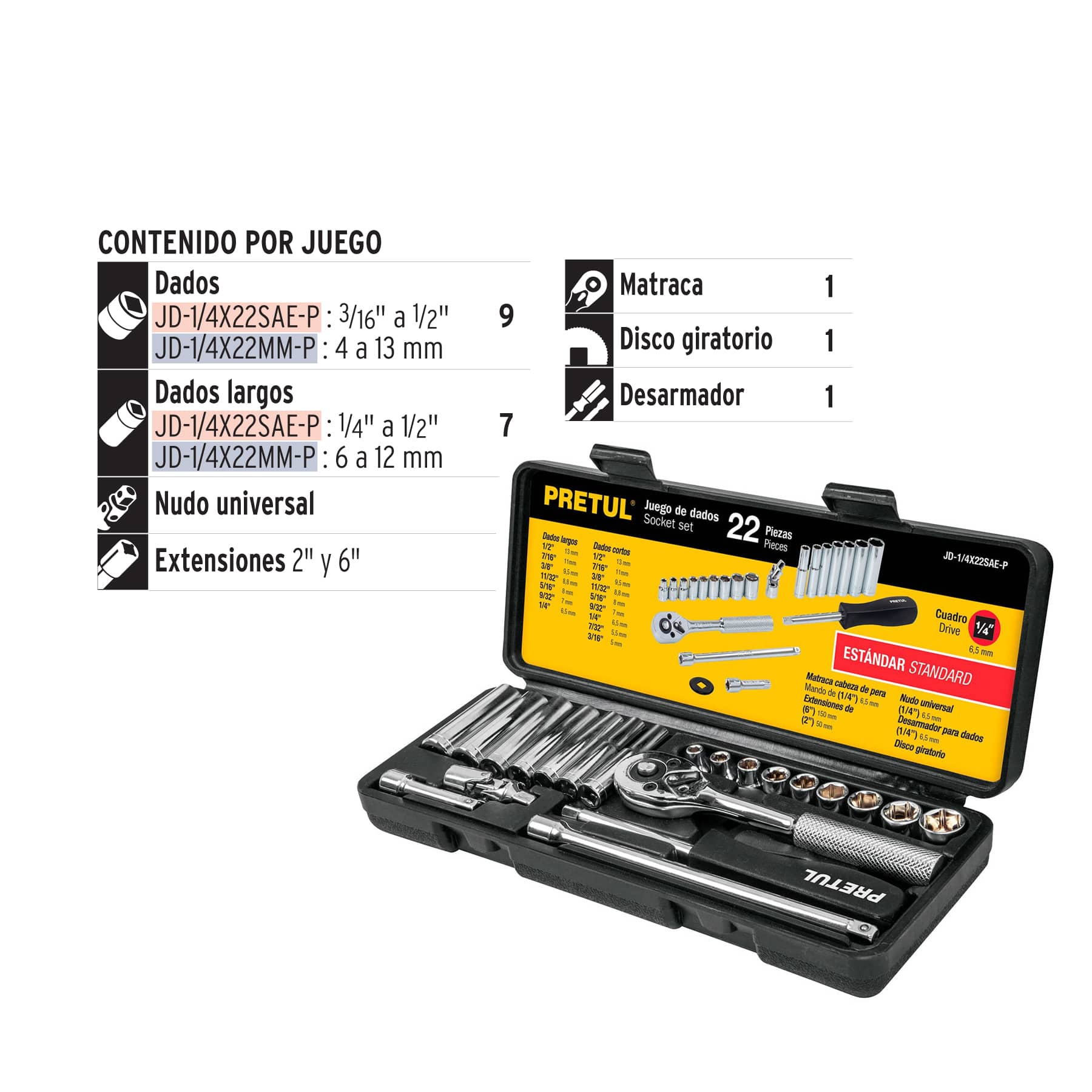 Juego de 22 herramientas 1/4" std para mecánico, Pretul JD-1/4X22SAE-P