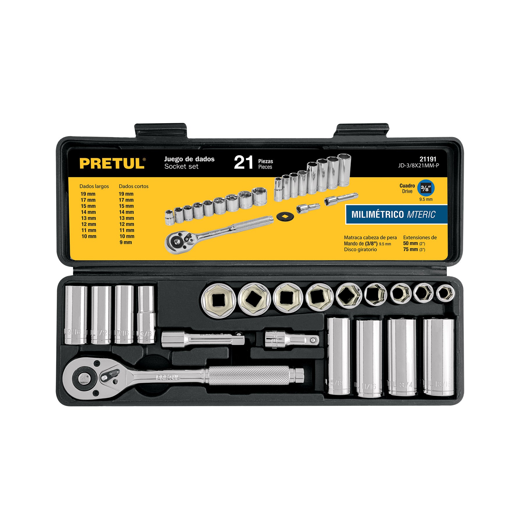 Pretul JD-3/8X21MM-P, Juego de autoclé de 21 piezas, mm, 3/8″