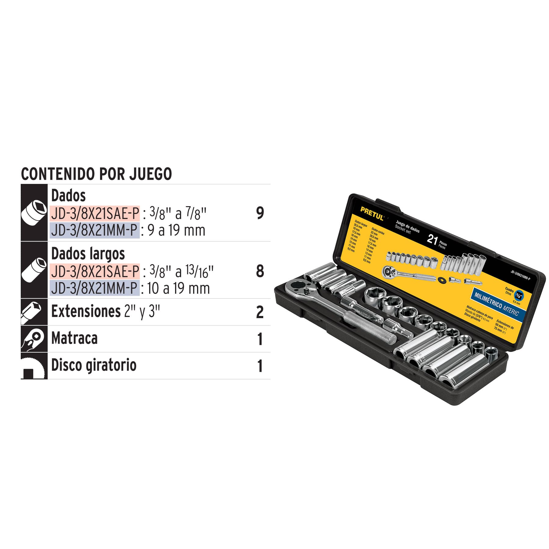 Pretul JD-3/8X21MM-P, Juego de autoclé de 21 piezas, mm, 3/8″