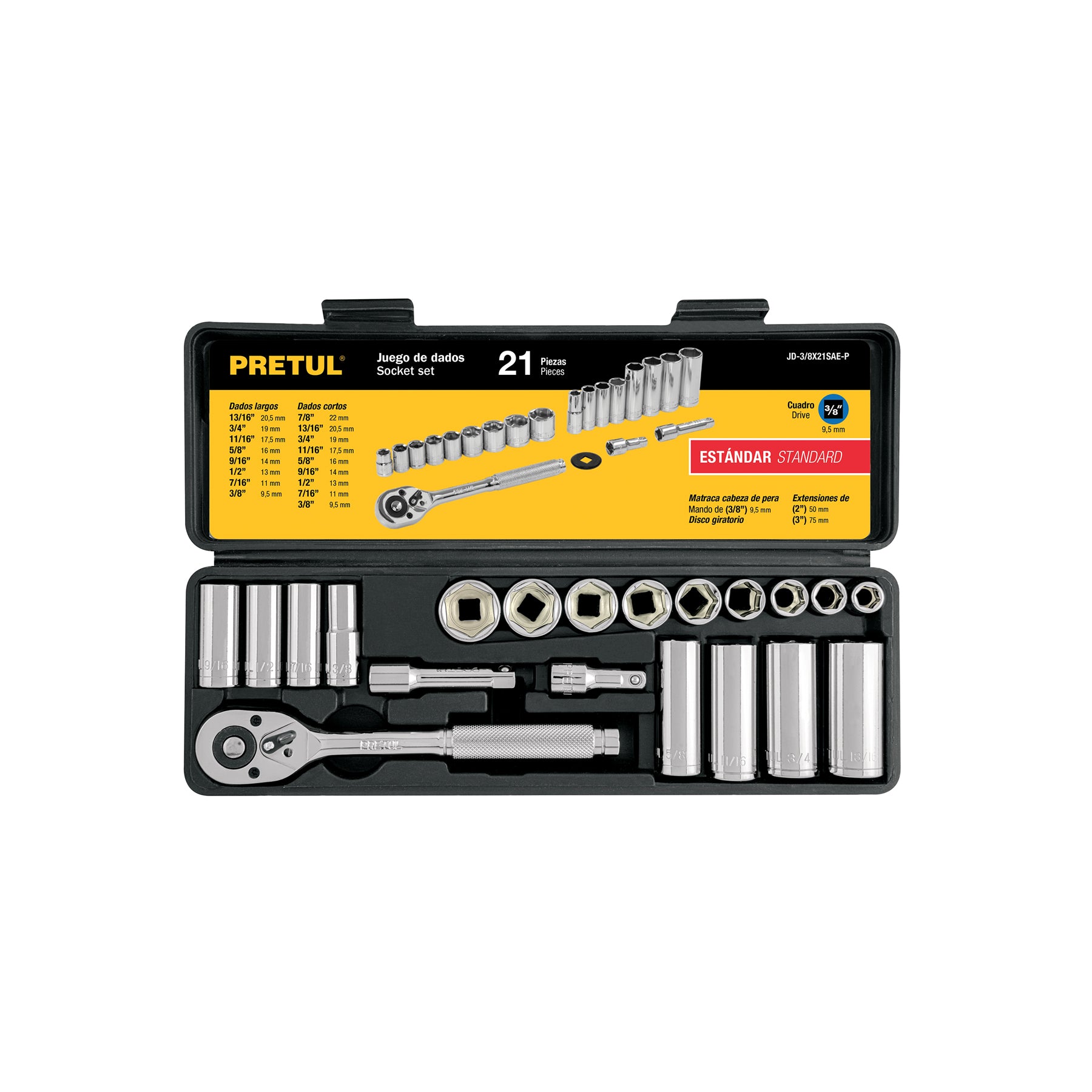 Pretul JD-3/8X21SAE-P, Juego de autoclé de 21 piezas, std, 3/8″