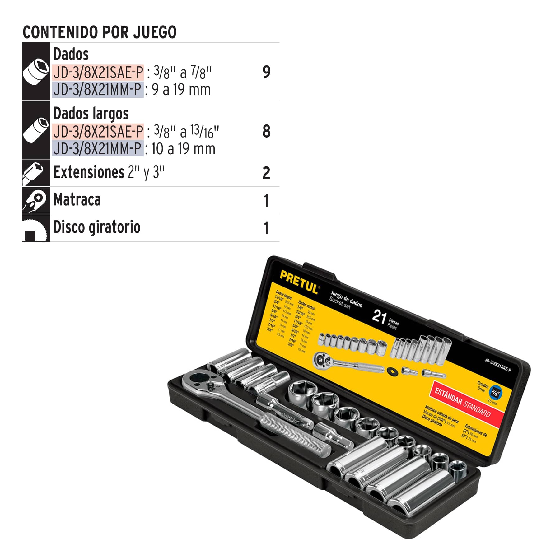 Pretul JD-3/8X21SAE-P, Juego de autoclé de 21 piezas, std, 3/8″